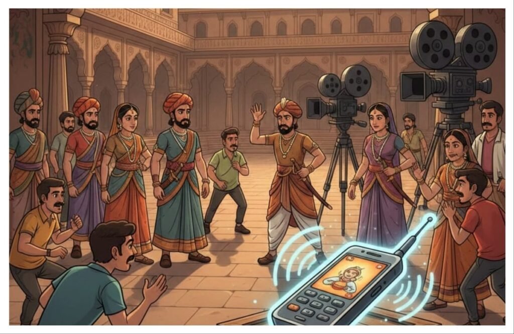 अवांतर, मराठीआर्टिकल, मराठीलेख, मराठी कथा, मराठी साहित्य, मी मराठी, अभिजात मराठी, ऐतिहासिक चित्रपट, चित्रपटाचे शूटिंग, ऐतिहासिक चित्रपट शूटिंग, इमोशनल सीन, भावनिक सीन, कॅमेरा शूटिंग, सेटवर मोबाइलची रिंग, शूटिंगमध्ये मोबाइल वाजला, राणीचे गांभीर्य, राणीचे हसणे, राणीचे हसण्यावर नियंत्रण,